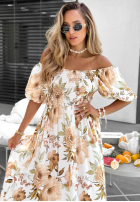Kwiecista Kleid maxi z bufkami i falbankami Fiore Sole biało-Beige