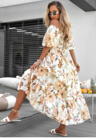 Kwiecista Kleid maxi z bufkami i falbankami Fiore Sole biało-Beige