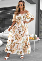 Kwiecista Kleid maxi z bufkami i falbankami Fiore Sole biało-Beige
