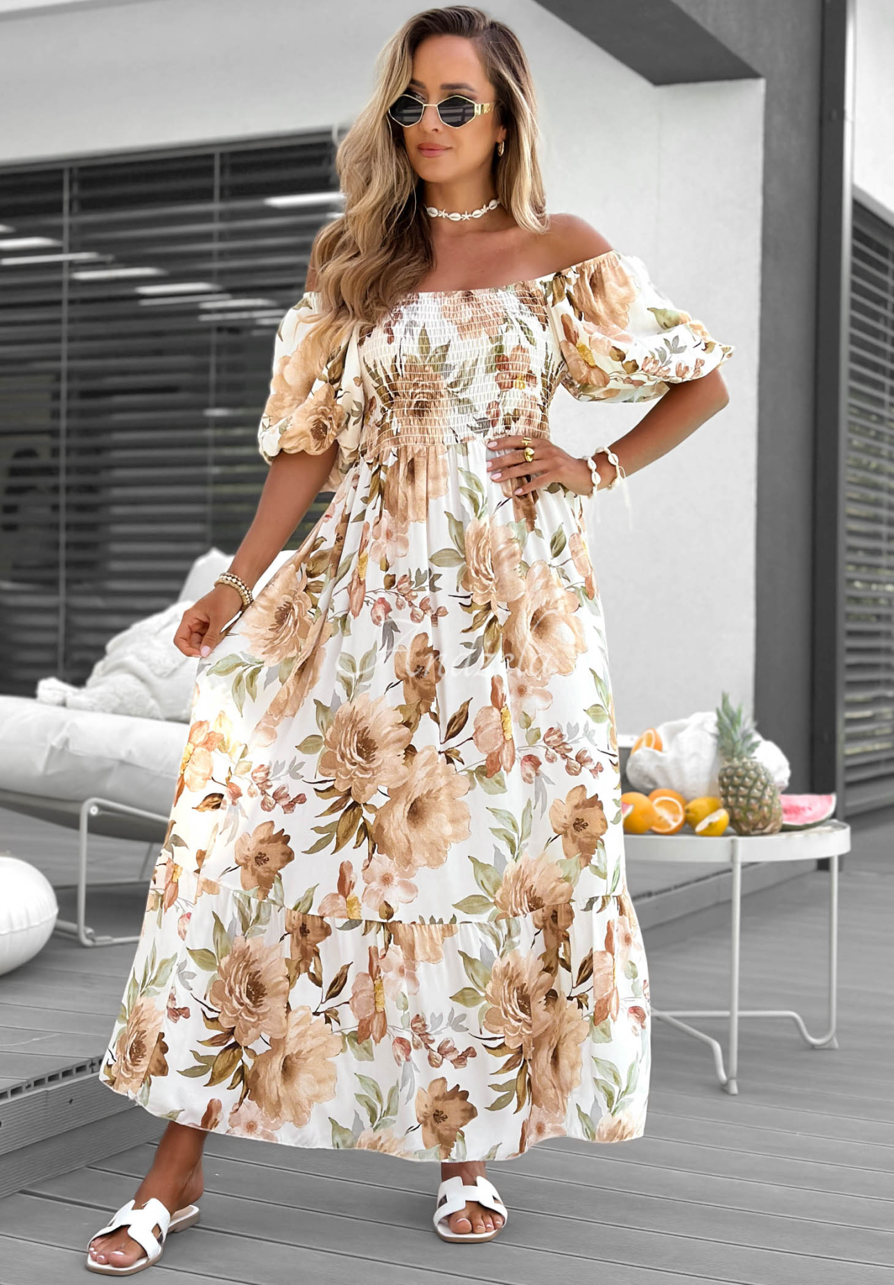 Offshoulder Maxikleid aus Viskose mit Blumenmuster und Rüschen Fiore Sole Beige