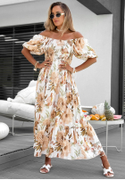 Kwiecista Kleid maxi z bufkami i falbankami Fiore Sole biało-Beige