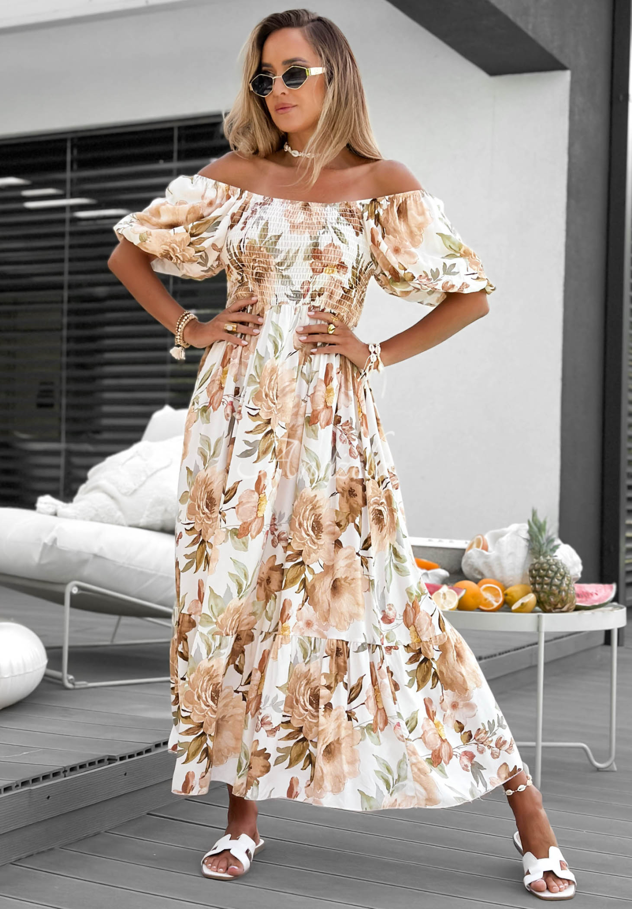 Offshoulder Maxikleid aus Viskose mit Blumenmuster und Rüschen Fiore Sole Beige