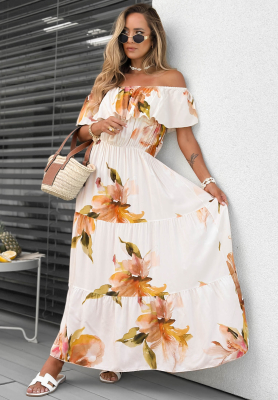 Offshoulder Maxikleid aus Viskose mit Blumenmuster und R&uuml;schen Florissa Hell Beige