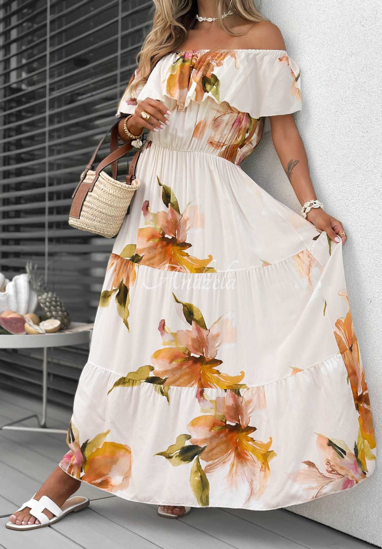 Offshoulder Maxikleid aus Viskose mit Blumenmuster und Rüschen Florissa Hell Beige