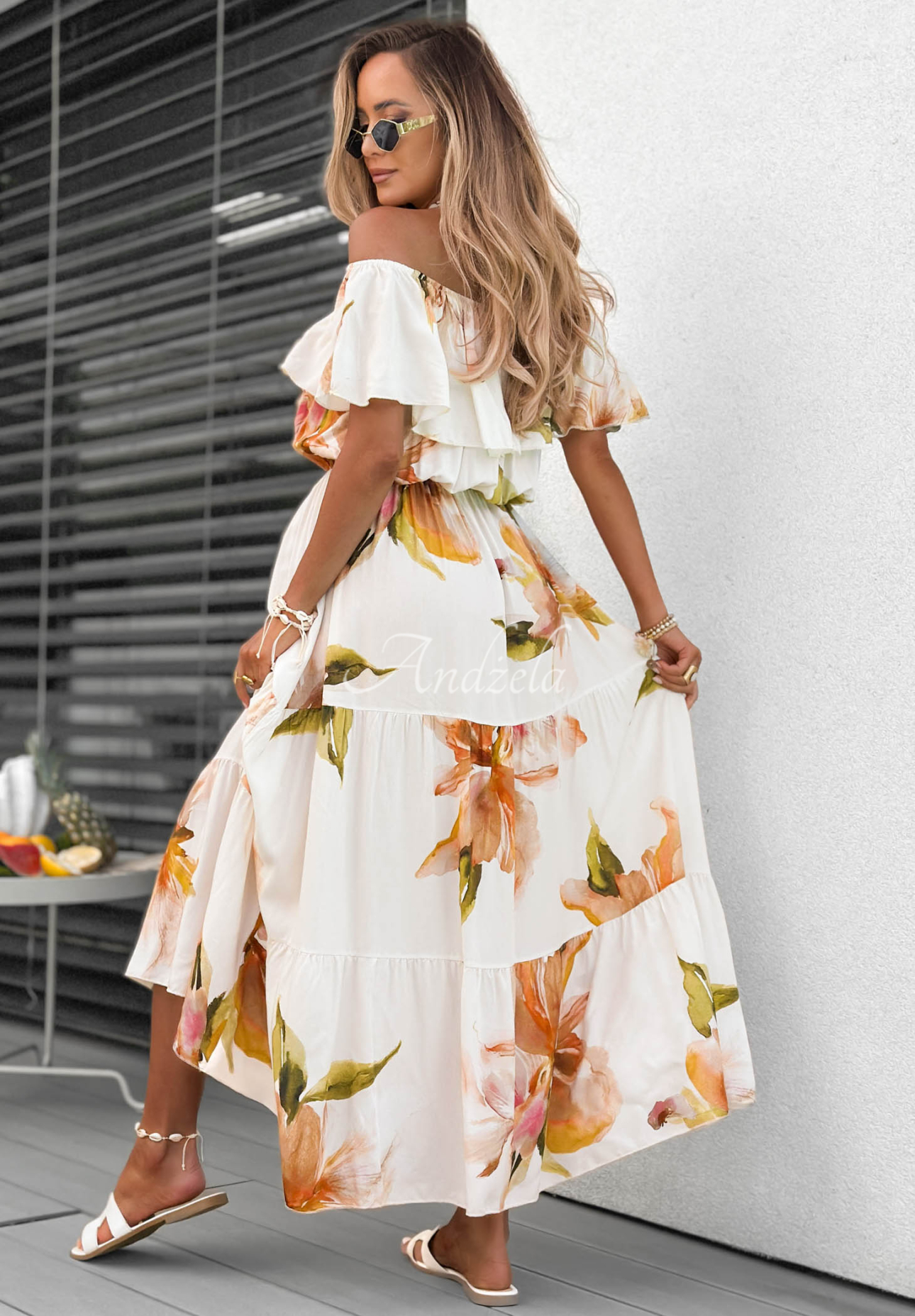 Offshoulder Maxikleid aus Viskose mit Blumenmuster und Rüschen Florissa Hell Beige
