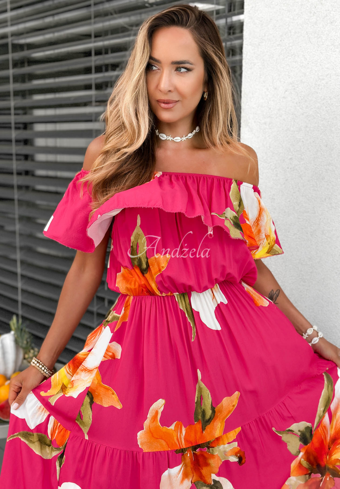 Offshoulder Maxikleid aus Viskose mit Blumenmuster und Rüschen Florissa Fuchsia