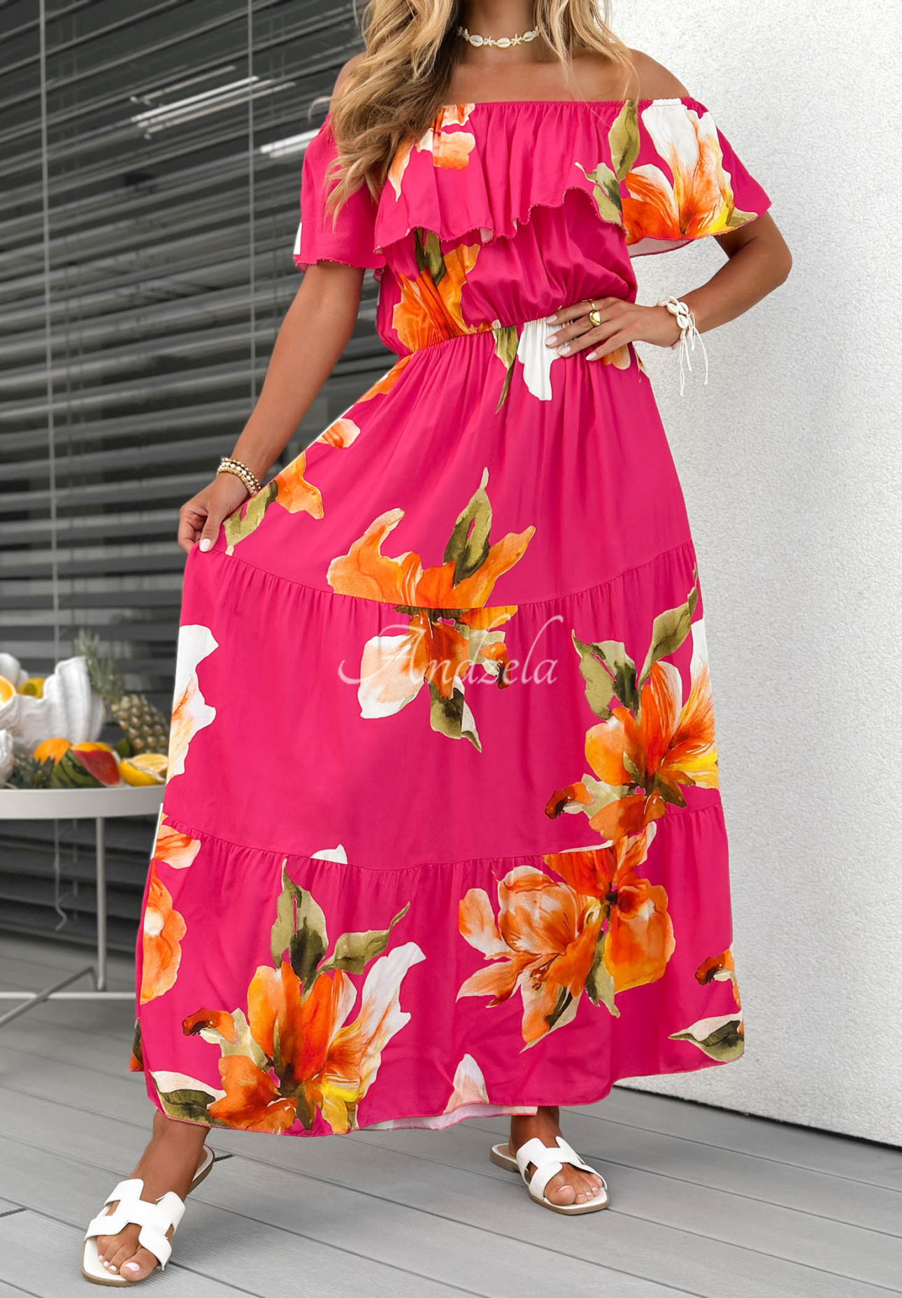 Offshoulder Maxikleid aus Viskose mit Blumenmuster und Rüschen Florissa Fuchsia