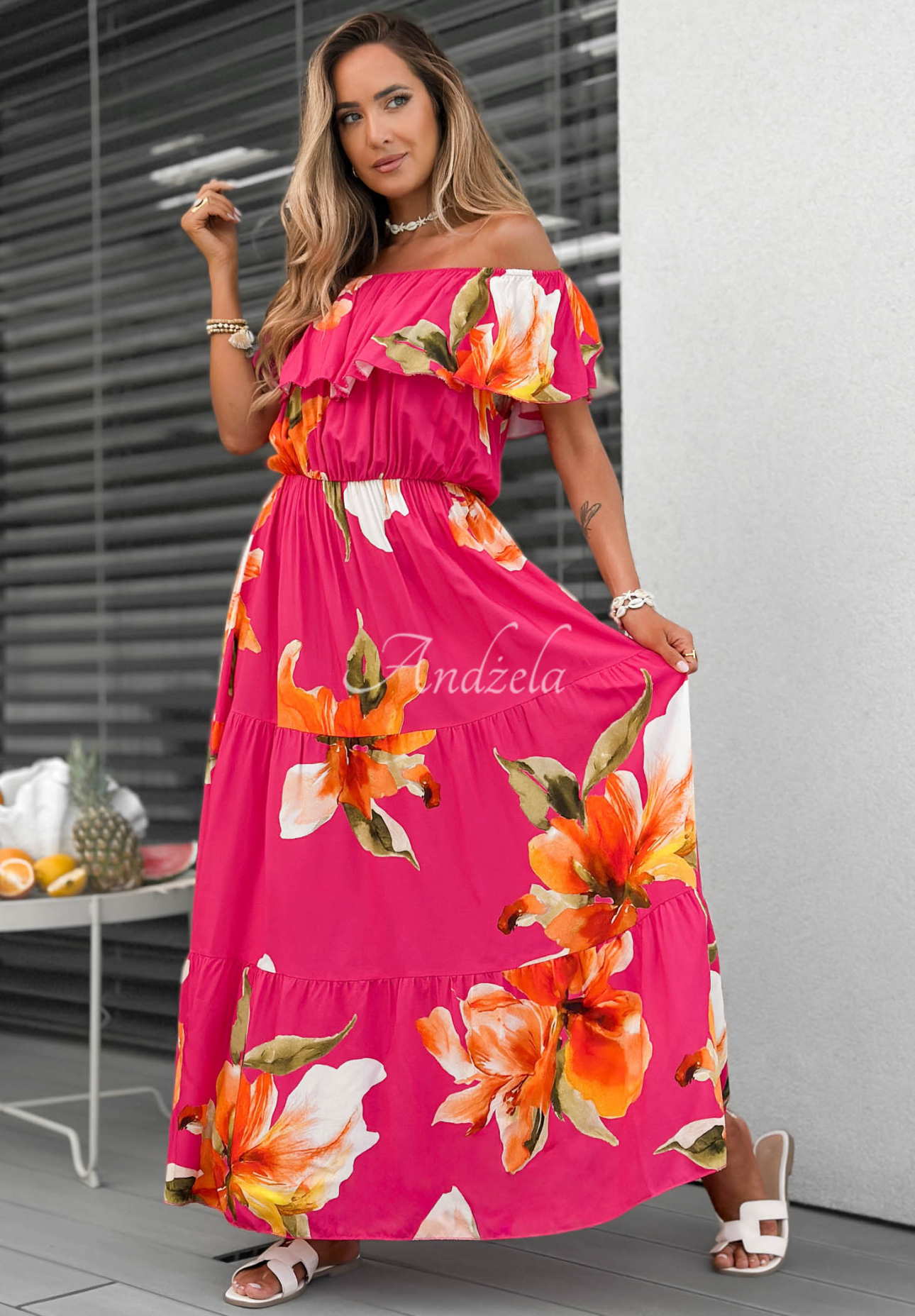 Offshoulder Maxikleid aus Viskose mit Blumenmuster und Rüschen Florissa Fuchsia