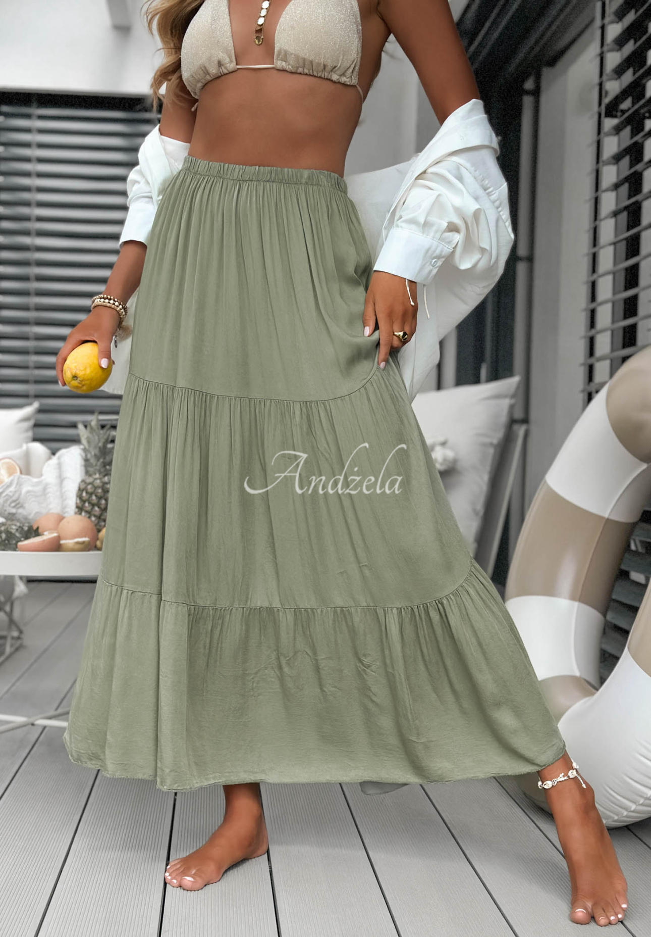 Maxirock aus Viskose mit Rüschen Ocean Escape Khaki