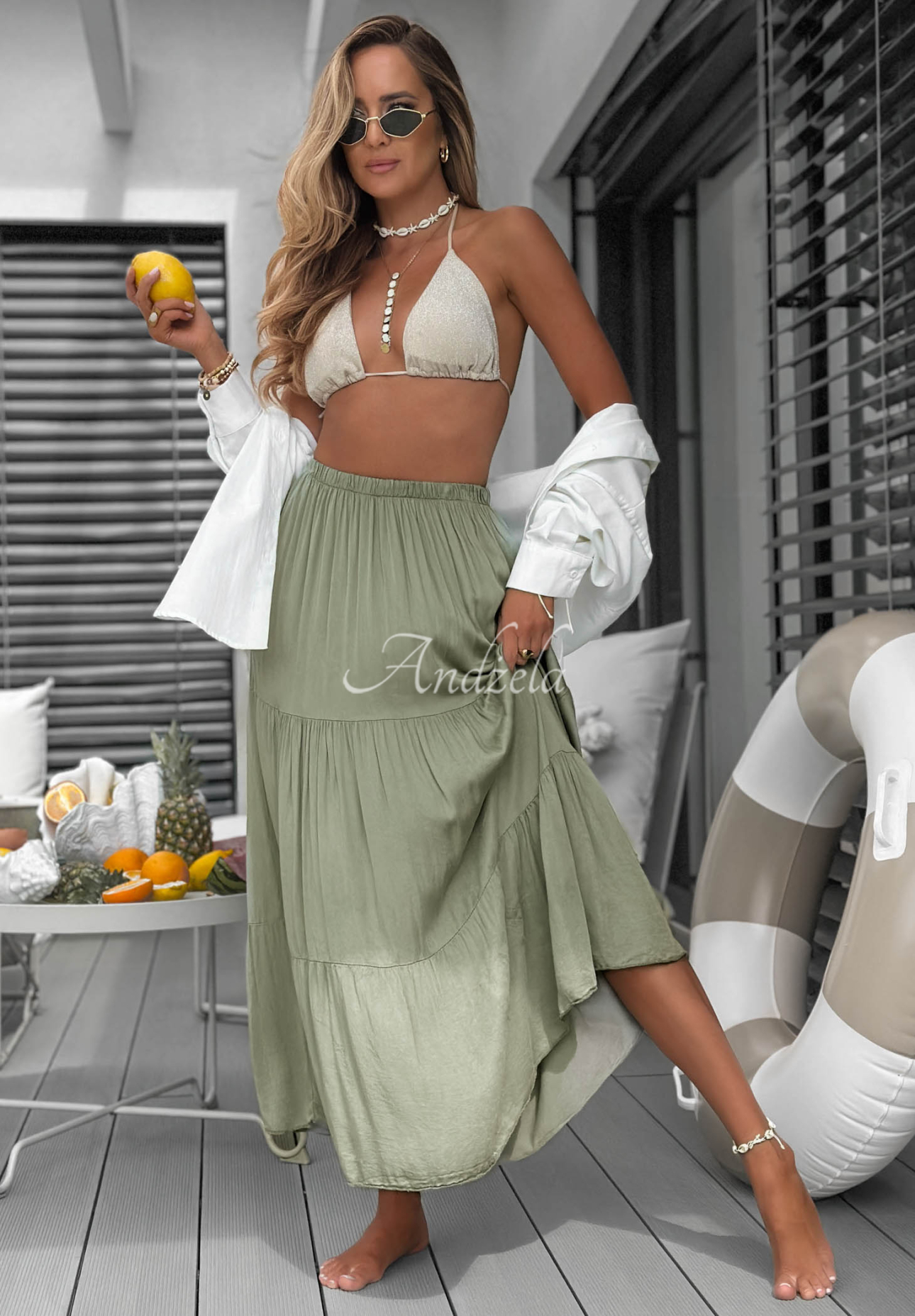Maxirock aus Viskose mit Rüschen Ocean Escape Khaki