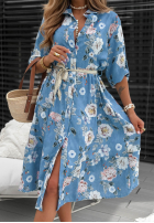 Koszulowa Kleid midi w kwiaty z paskiem La Florita Hellblau