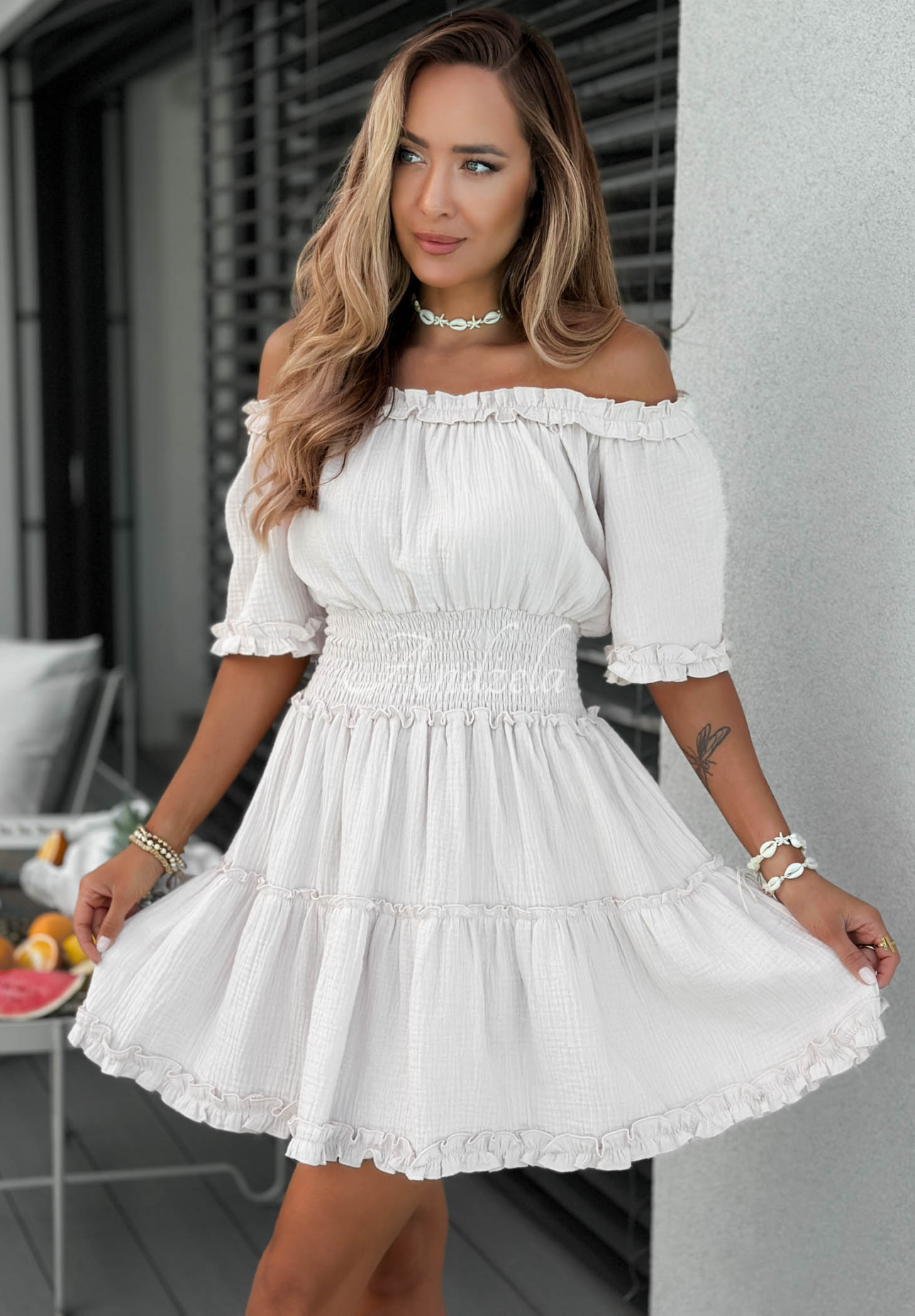 Offshoulder Musselinkleid Soft Walk Weiß