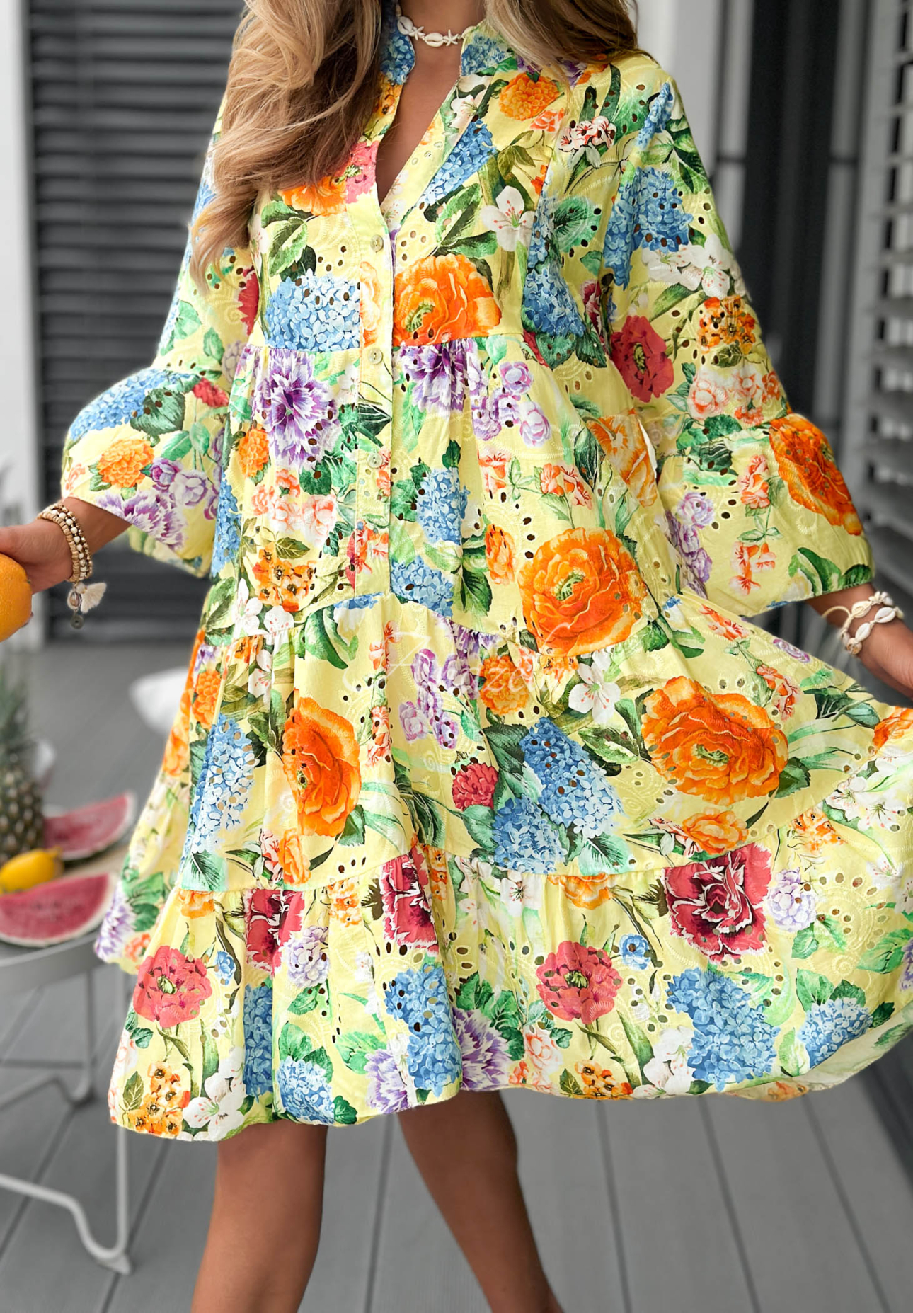 Durchbrochenes Kleid aus Baumwolle mit Blumenmuster Vanilla Waves Gelb