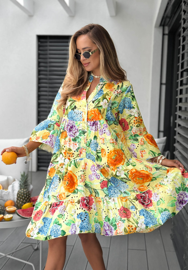 Durchbrochenes Kleid aus Baumwolle mit Blumenmuster Vanilla Waves Gelb