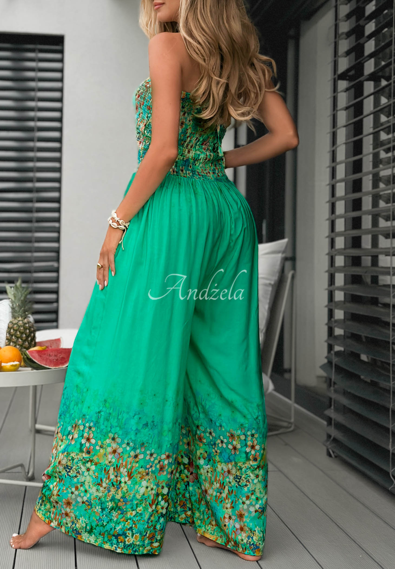 Langer, trägerloser Jumpsuit aus Viskose mit Blumenmuster  Sunset Sorbet Türkis