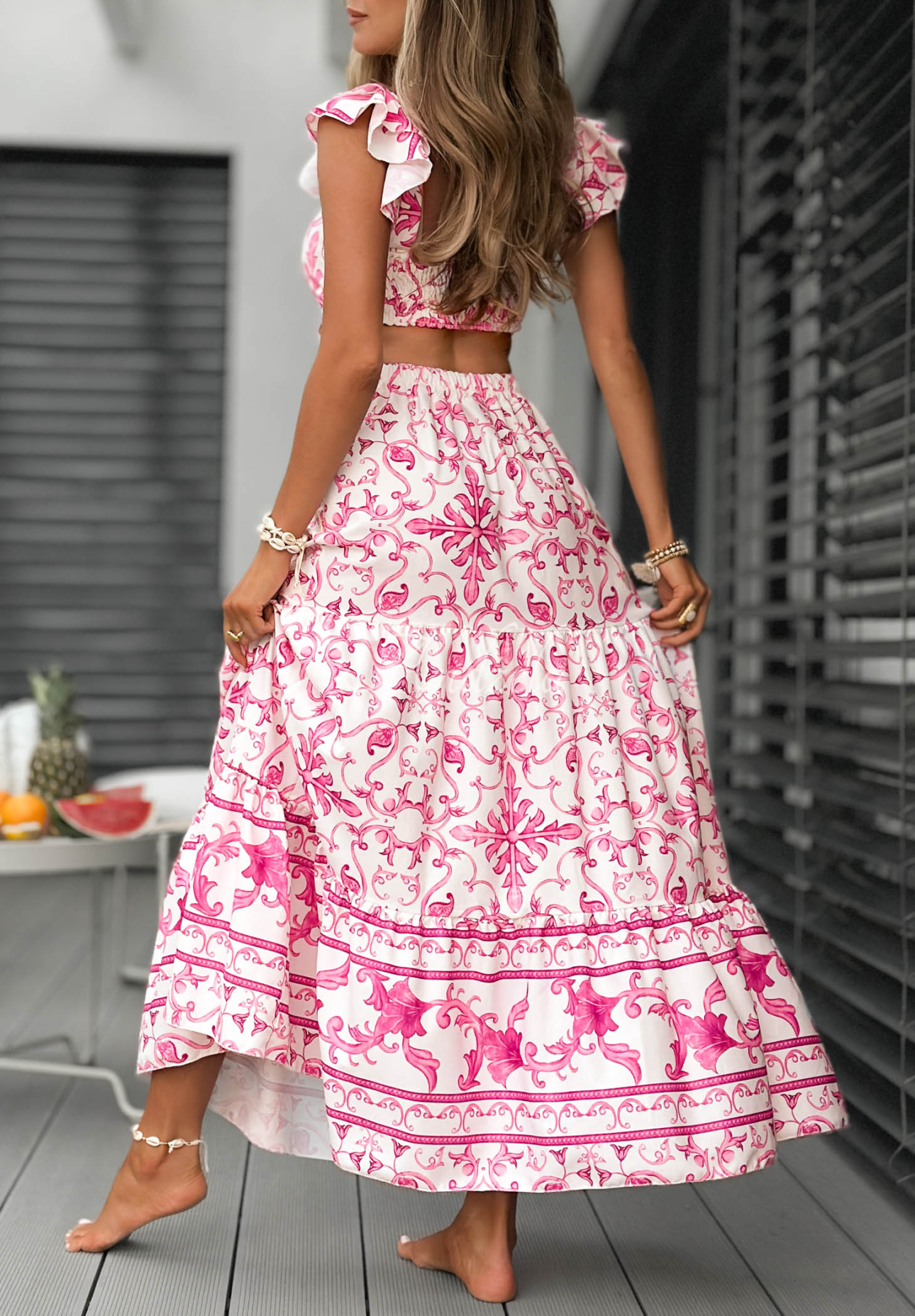 Gemustertes Maxikleid mit Trägern und Viskose Island Sun weiß-rosa