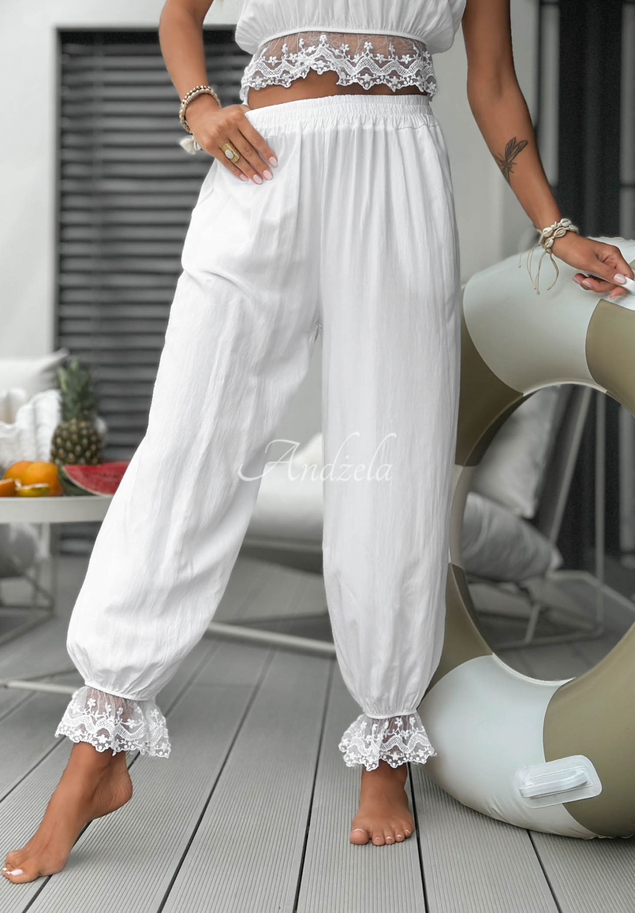 Baumwoll-Top und Hose mit Spitze Fresh Lace Weiß