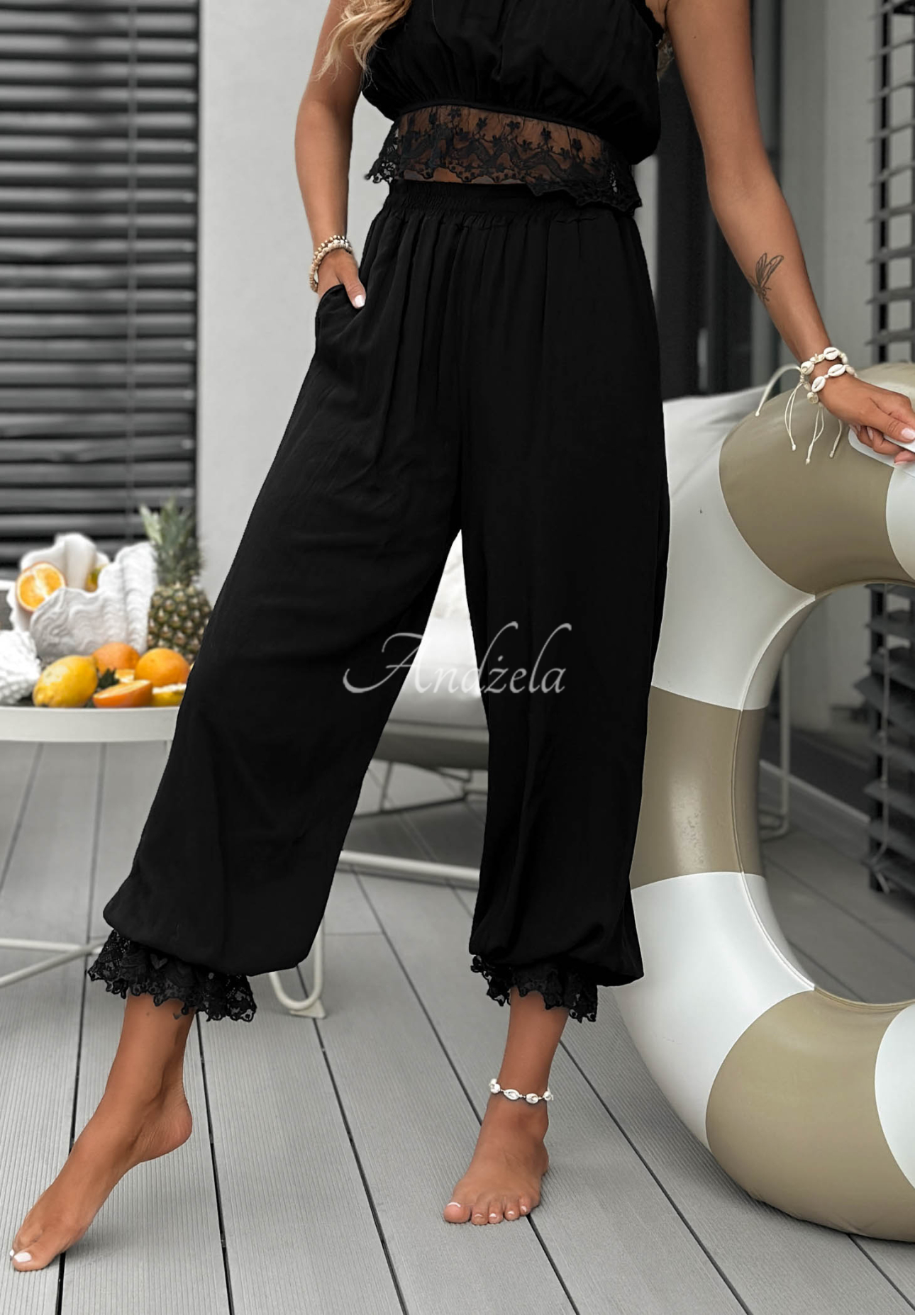 Baumwoll-Top und Hose mit Spitze Fresh Lace Schwarz