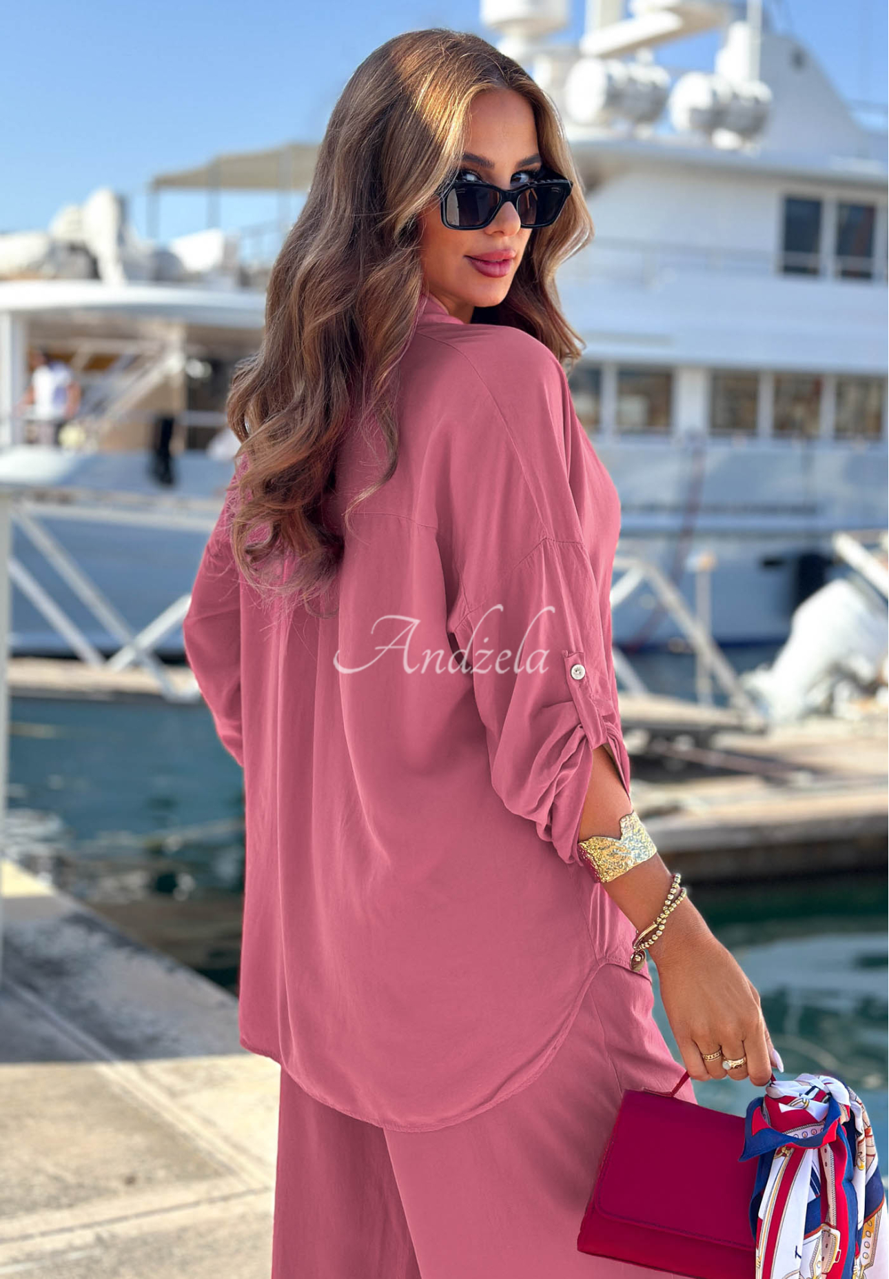 Viskose-Set Hemd und Hose wide leg Summer Skies Himbeerrot
