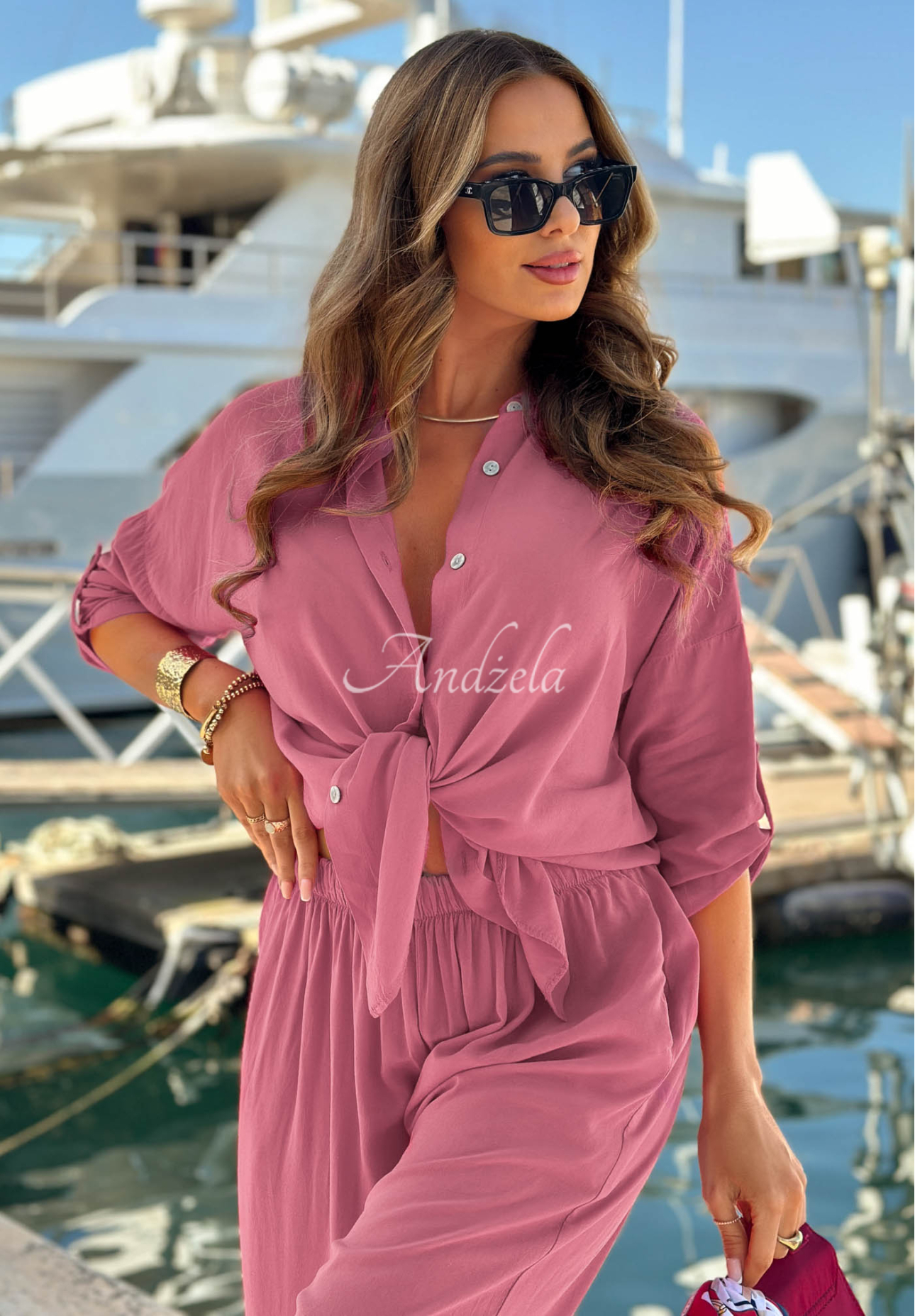Viskose-Set Hemd und Hose wide leg Summer Skies Himbeerrot