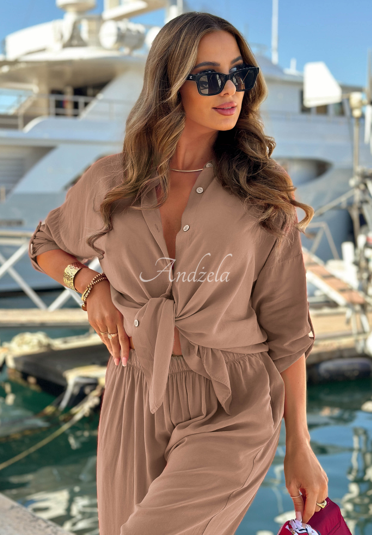 Viskose-Set Hemd und Hose wide leg Summer Skies Mokkafarben