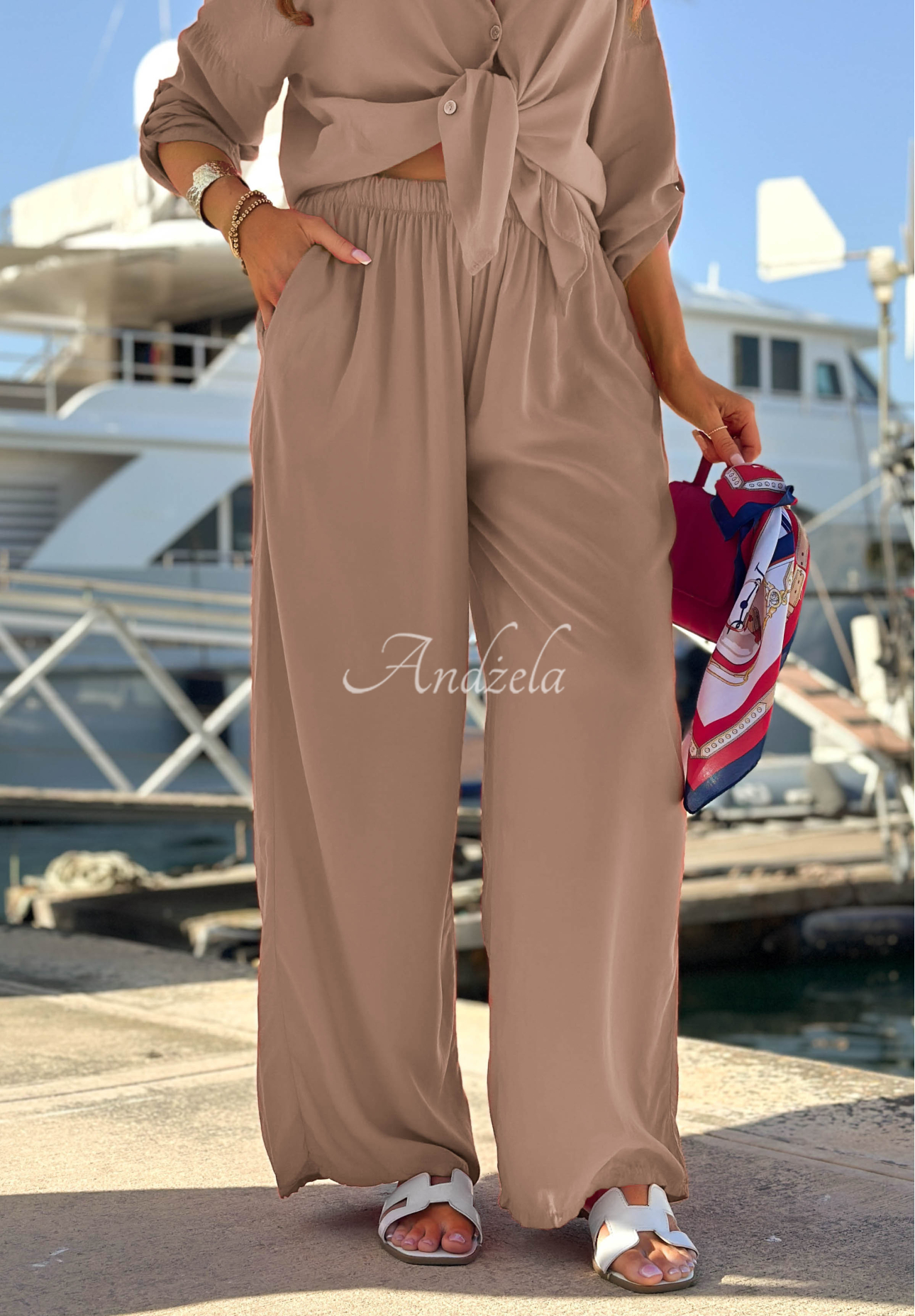 Viskose-Set Hemd und Hose wide leg Summer Skies Mokkafarben
