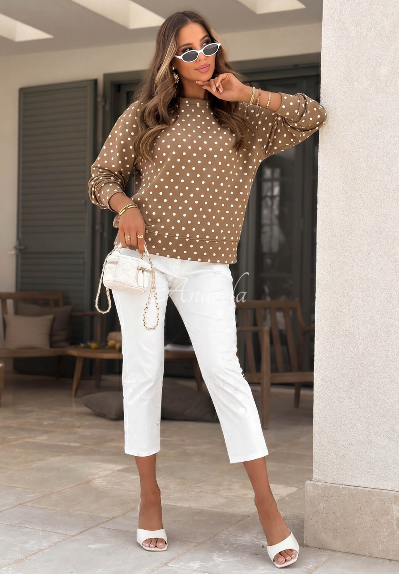 Baumwoll-Sweatshirt mit Punkten Dot Dream Camel
