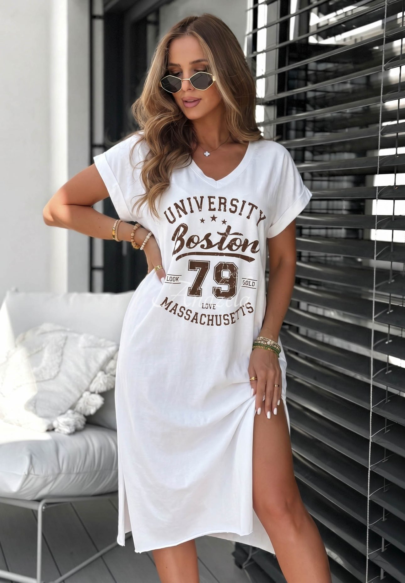 Baumwoll-Midikleid mit Print Boston University Weiß