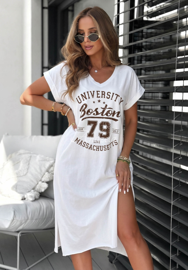 Baumwoll-Midikleid mit Print Boston University Wei&szlig;