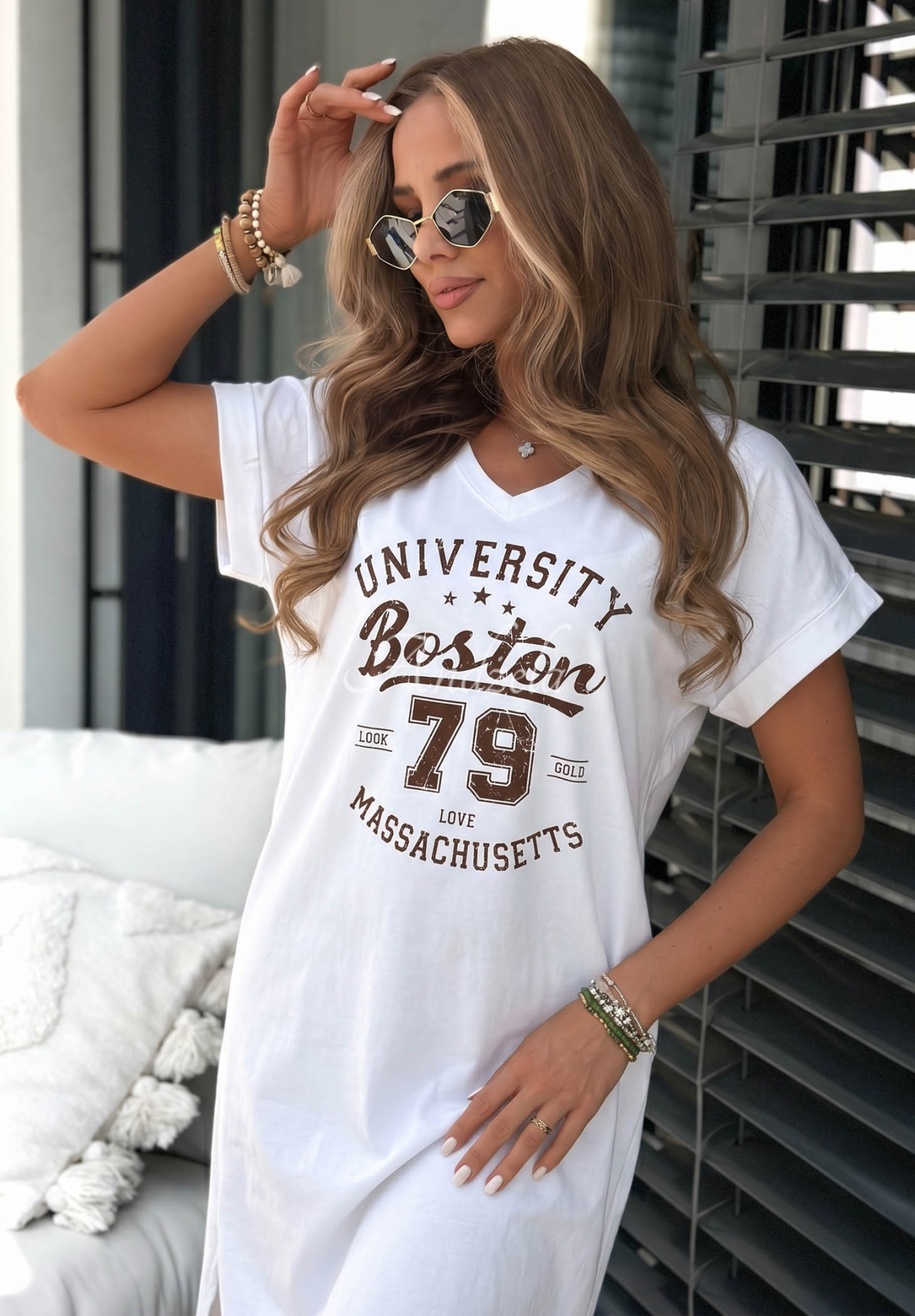 Baumwoll-Midikleid mit Print Boston University Weiß