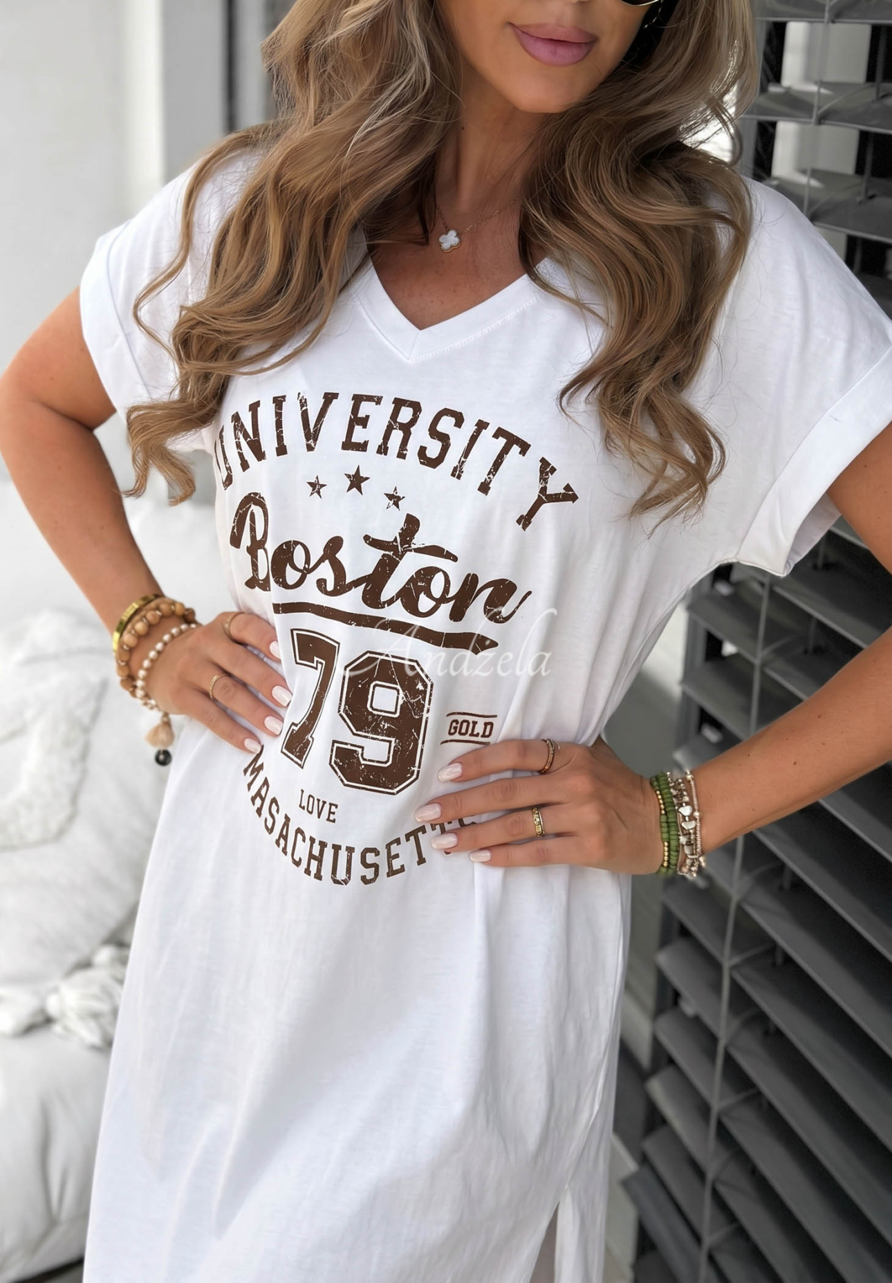 Baumwoll-Midikleid mit Print Boston University Weiß