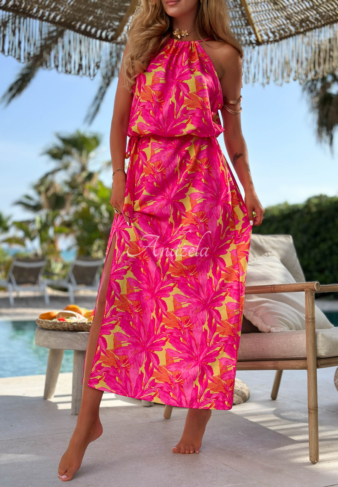 Gemustertes Maxikleid mit Viskose Sunset Moana rosa-gelb