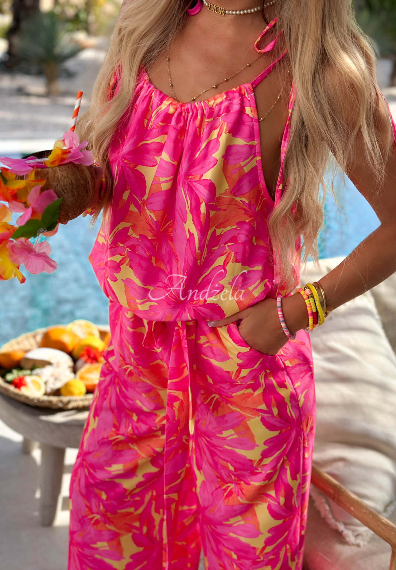 Langer gemusterter Overall mit Viskose Sunset Moana rosa-gelb