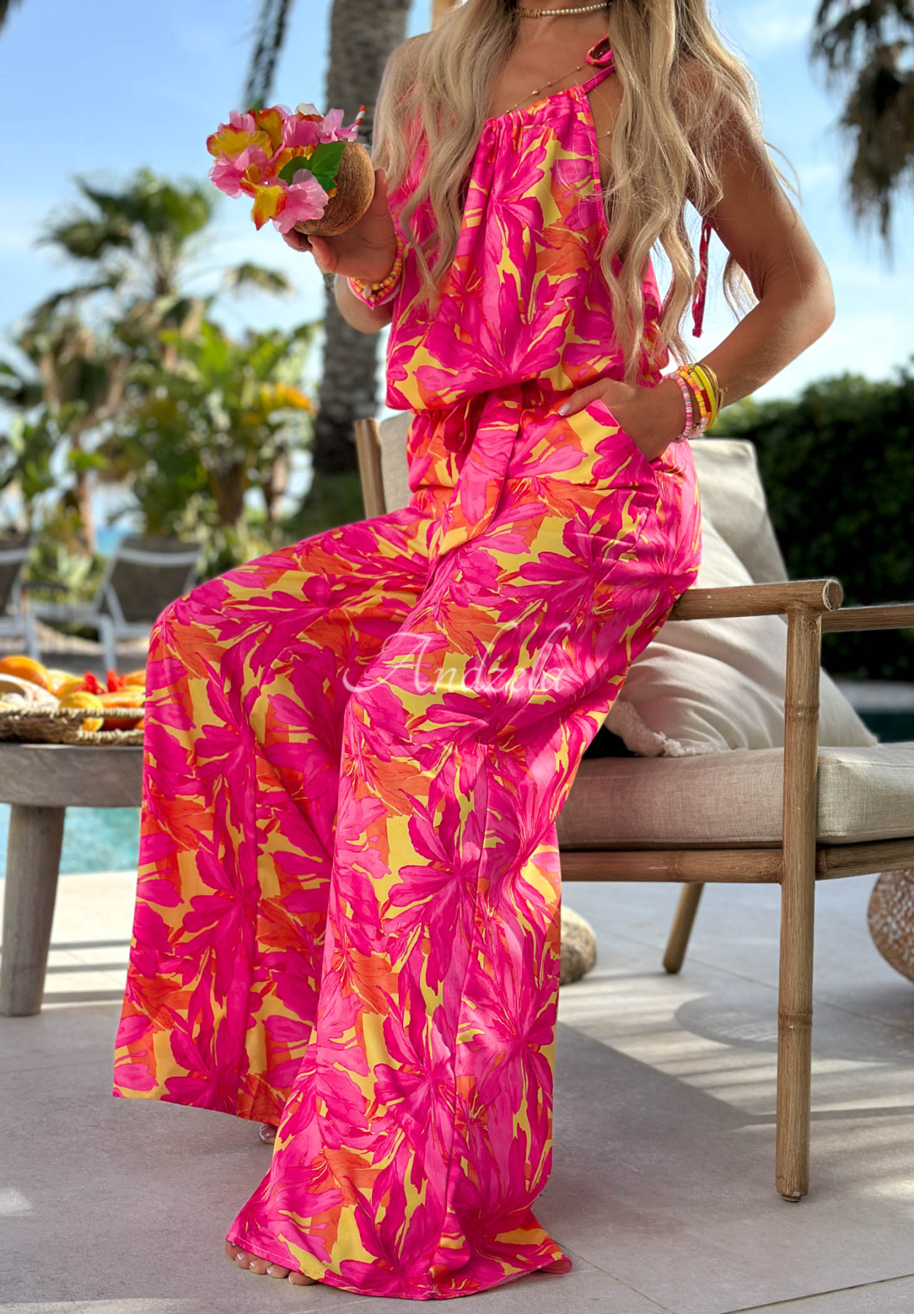 Langer gemusterter Overall mit Viskose Sunset Moana rosa-gelb