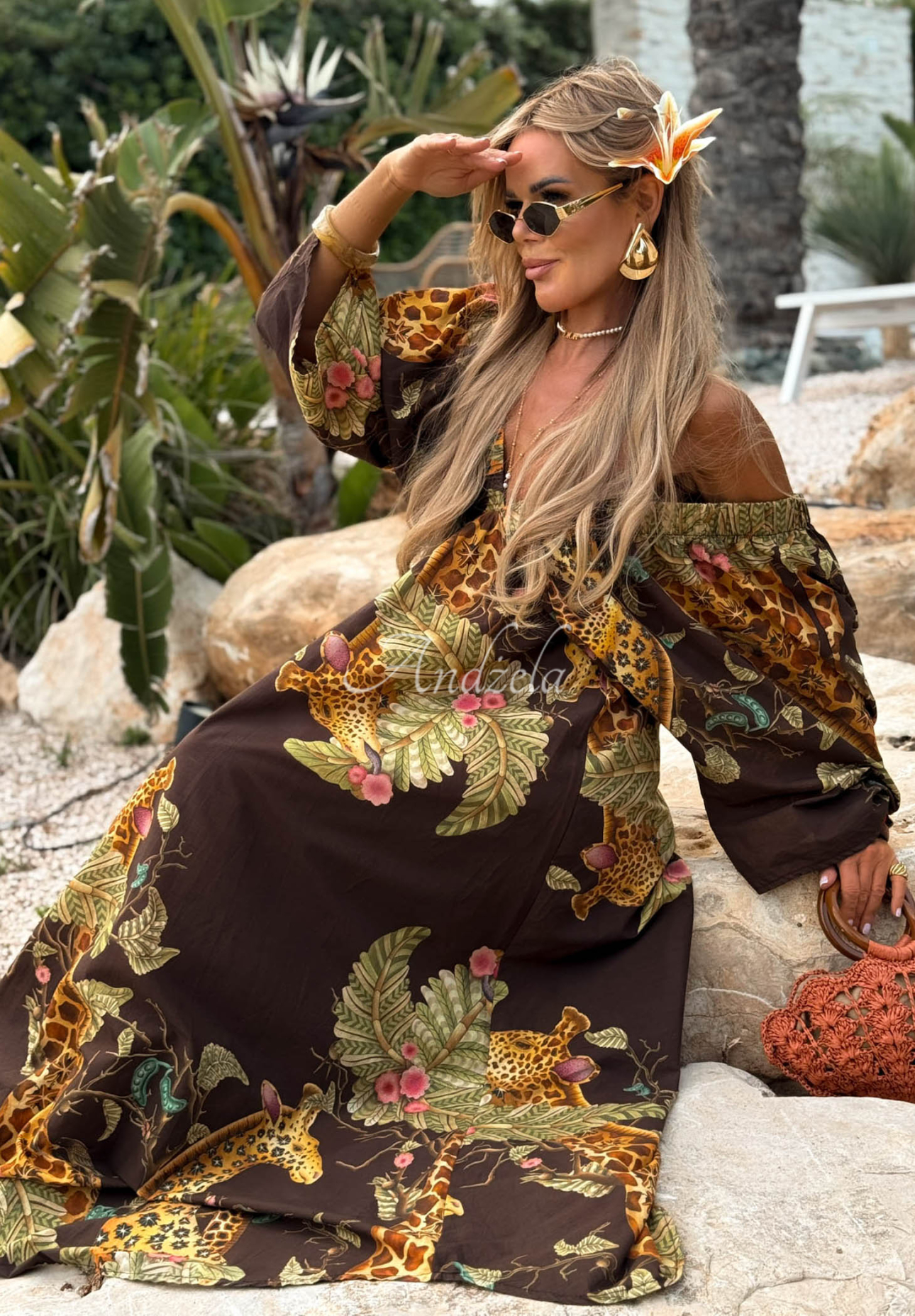 Gemustertes Maxikleid aus Baumwolle Safari Voyage Schokoladenbraun