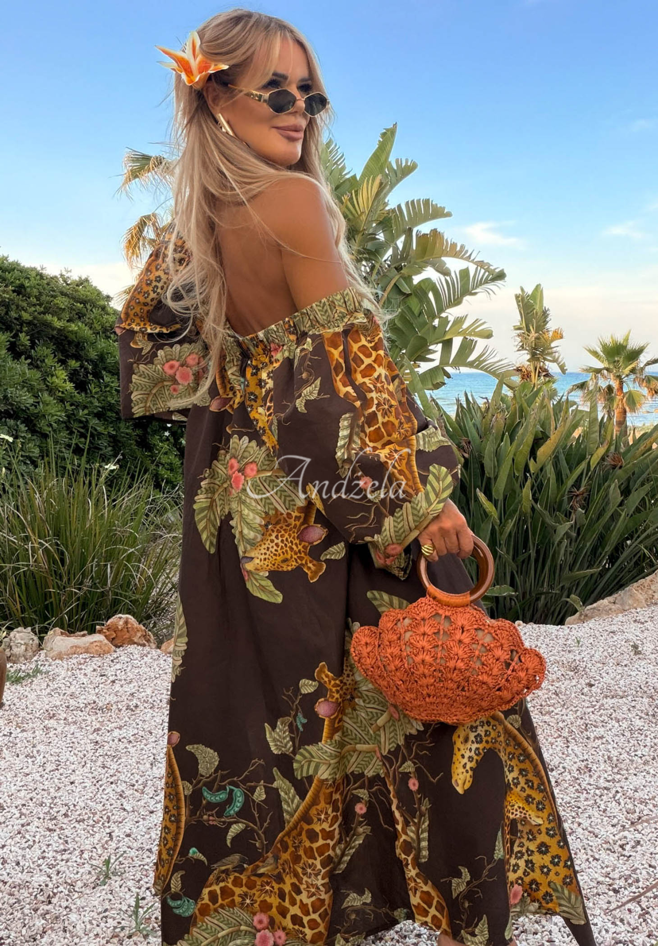 Gemustertes Maxikleid aus Baumwolle Safari Voyage Schokoladenbraun