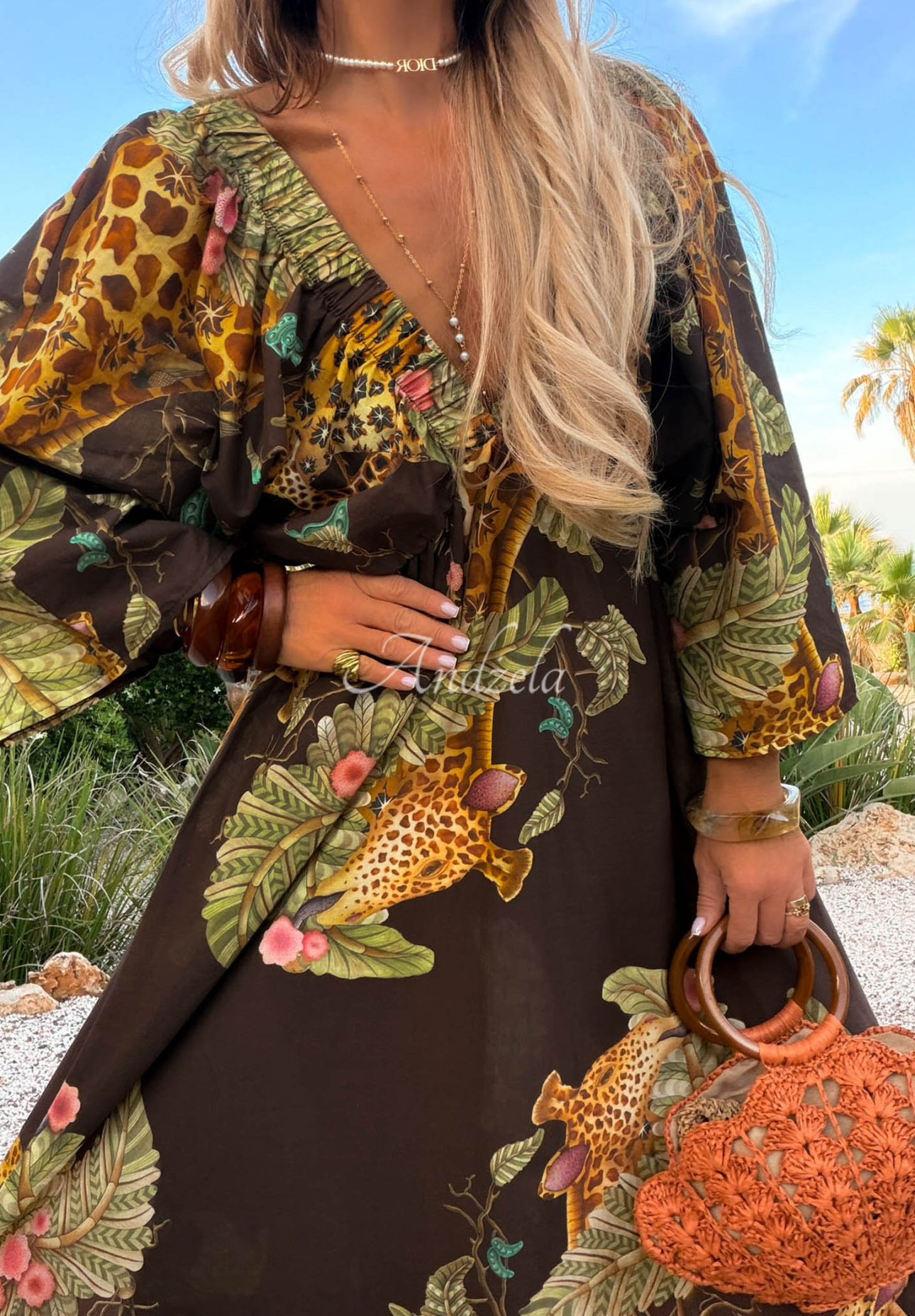 Gemustertes Maxikleid aus Baumwolle Safari Voyage Schokoladenbraun