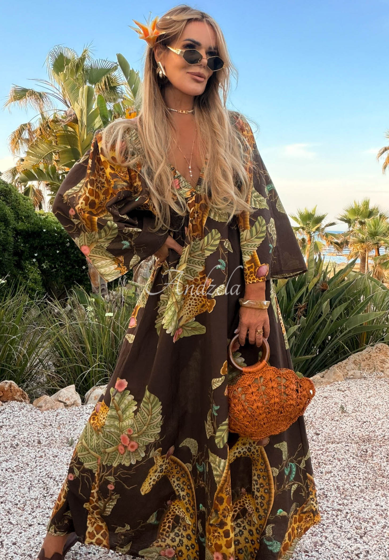 Gemustertes Maxikleid aus Baumwolle Safari Voyage Schokoladenbraun