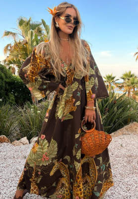 Gemustertes Maxikleid aus Baumwolle Safari Voyage Schokoladenbraun