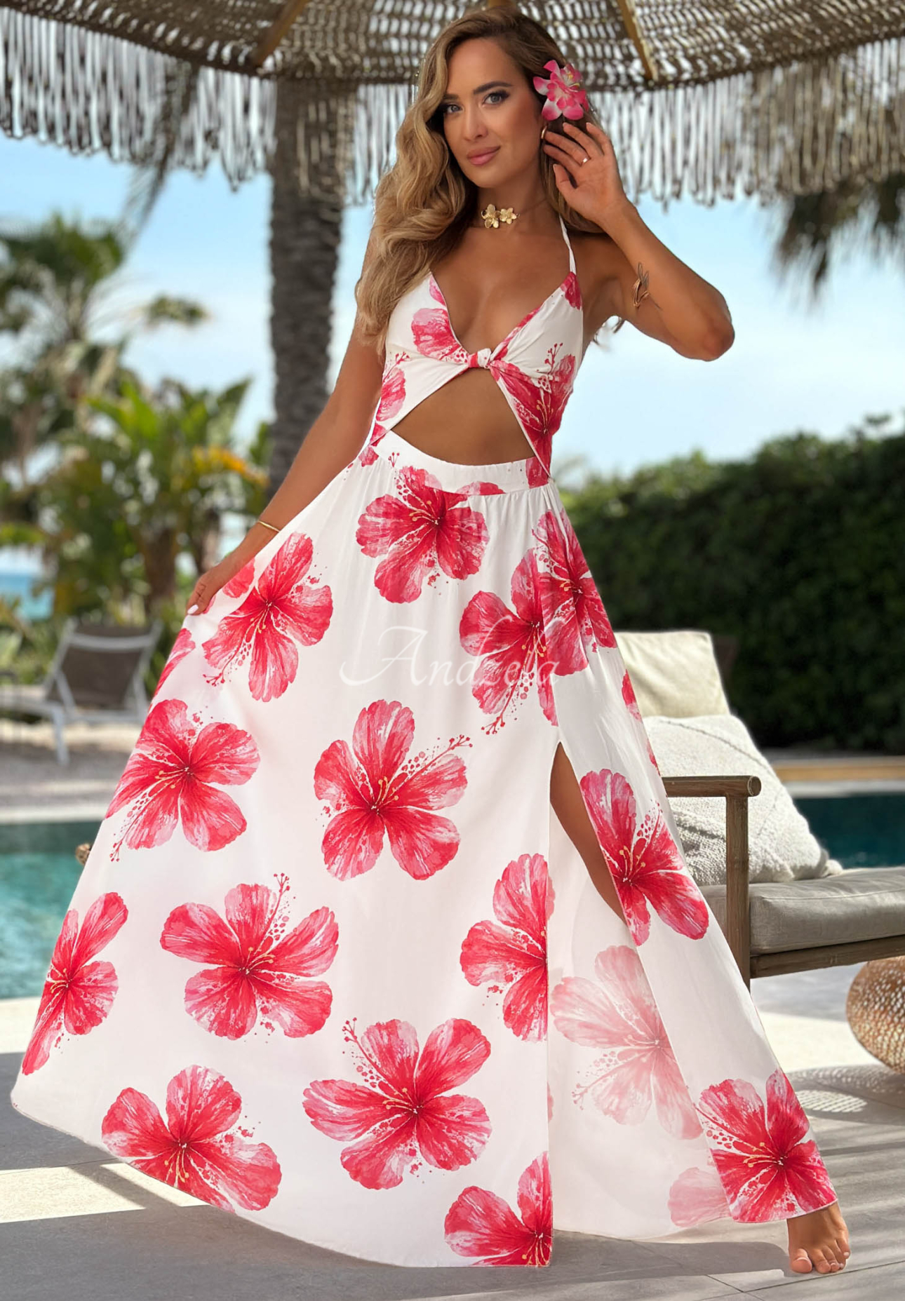 Geblümtes Maxikleid mit Trägern aus Viskose Hawaii Hibiscus weiß-rosa