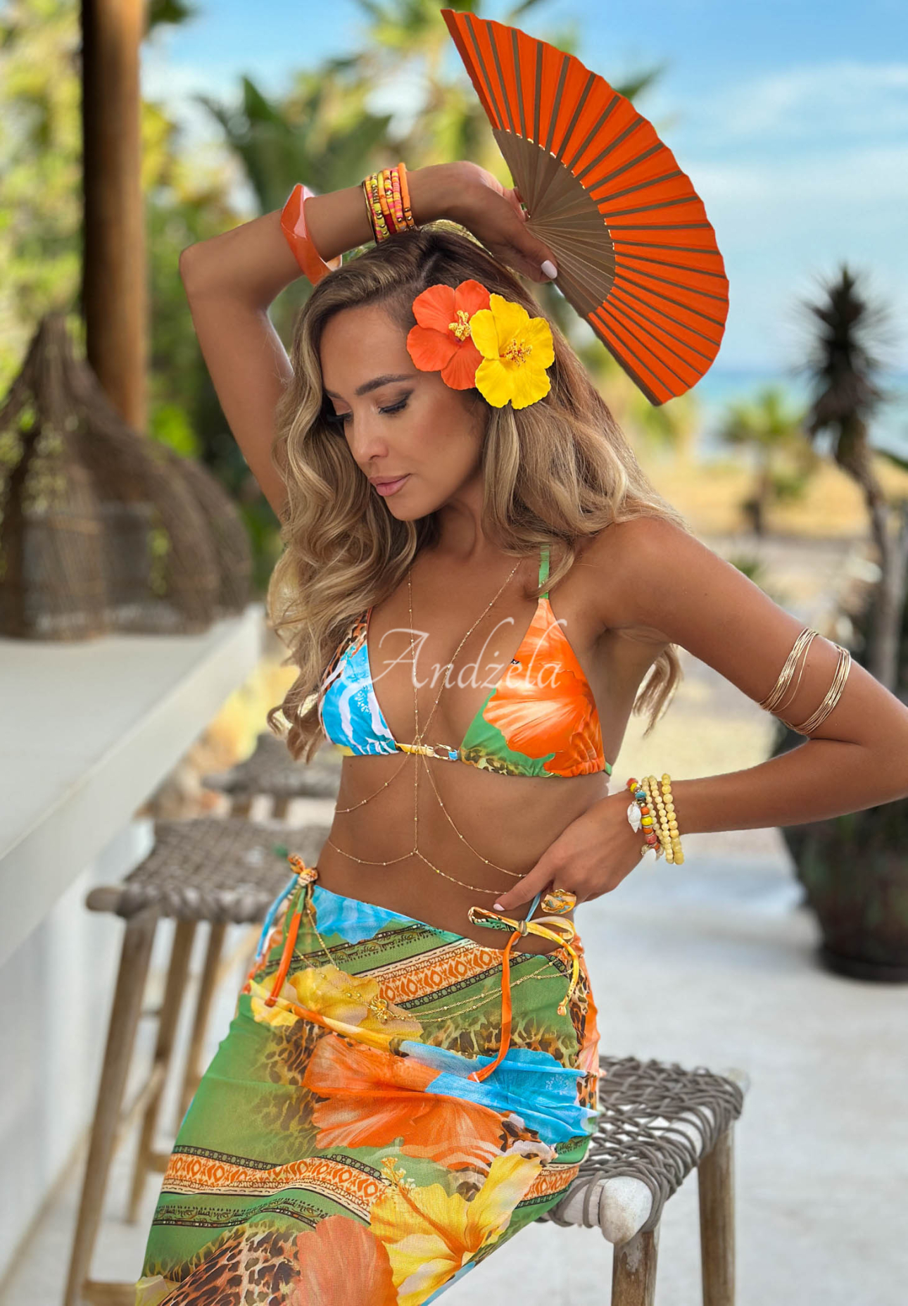 Zweiteiliges Set Badeanzug und Pareo mit Mustern Mermaid Kissy orange-türkis