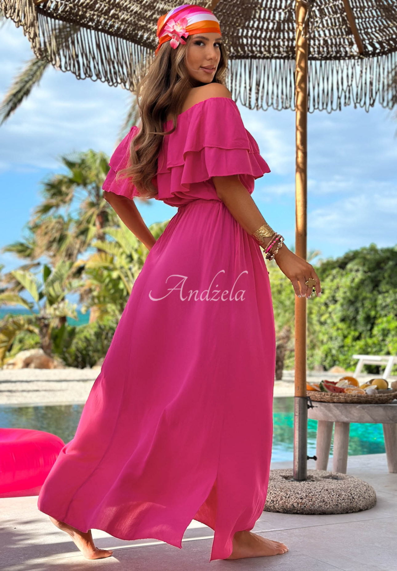 Offshoulder Maxikleid aus Viskose mit Rüschen Sunset Diva Fuchsia