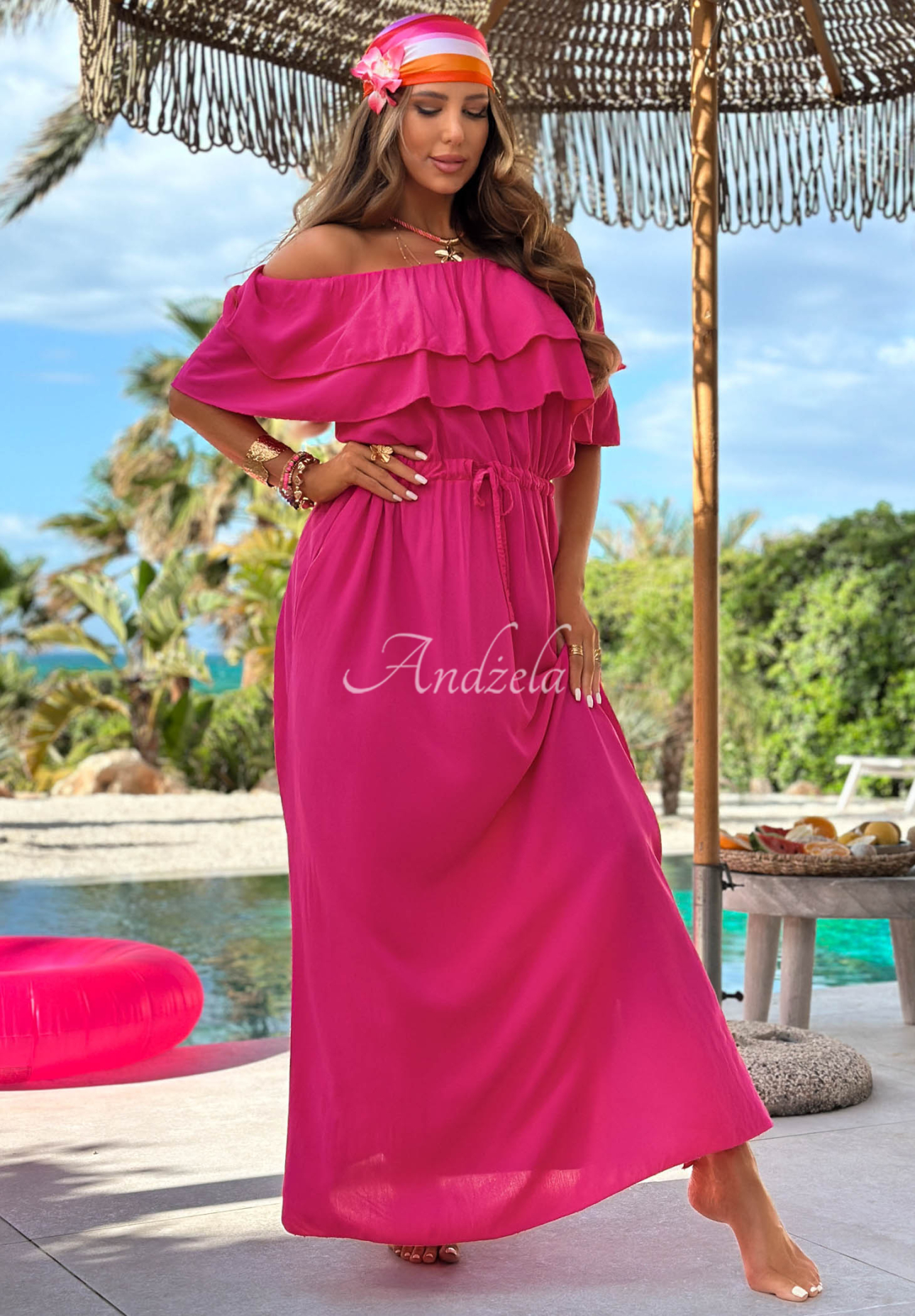 Offshoulder Maxikleid aus Viskose mit Rüschen Sunset Diva Fuchsia