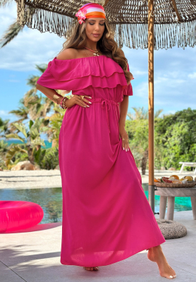 Offshoulder Maxikleid aus Viskose mit R&uuml;schen Sunset Diva Fuchsia