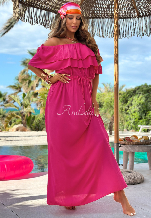 Offshoulder Maxikleid aus Viskose mit R&uuml;schen Sunset Diva Fuchsia
