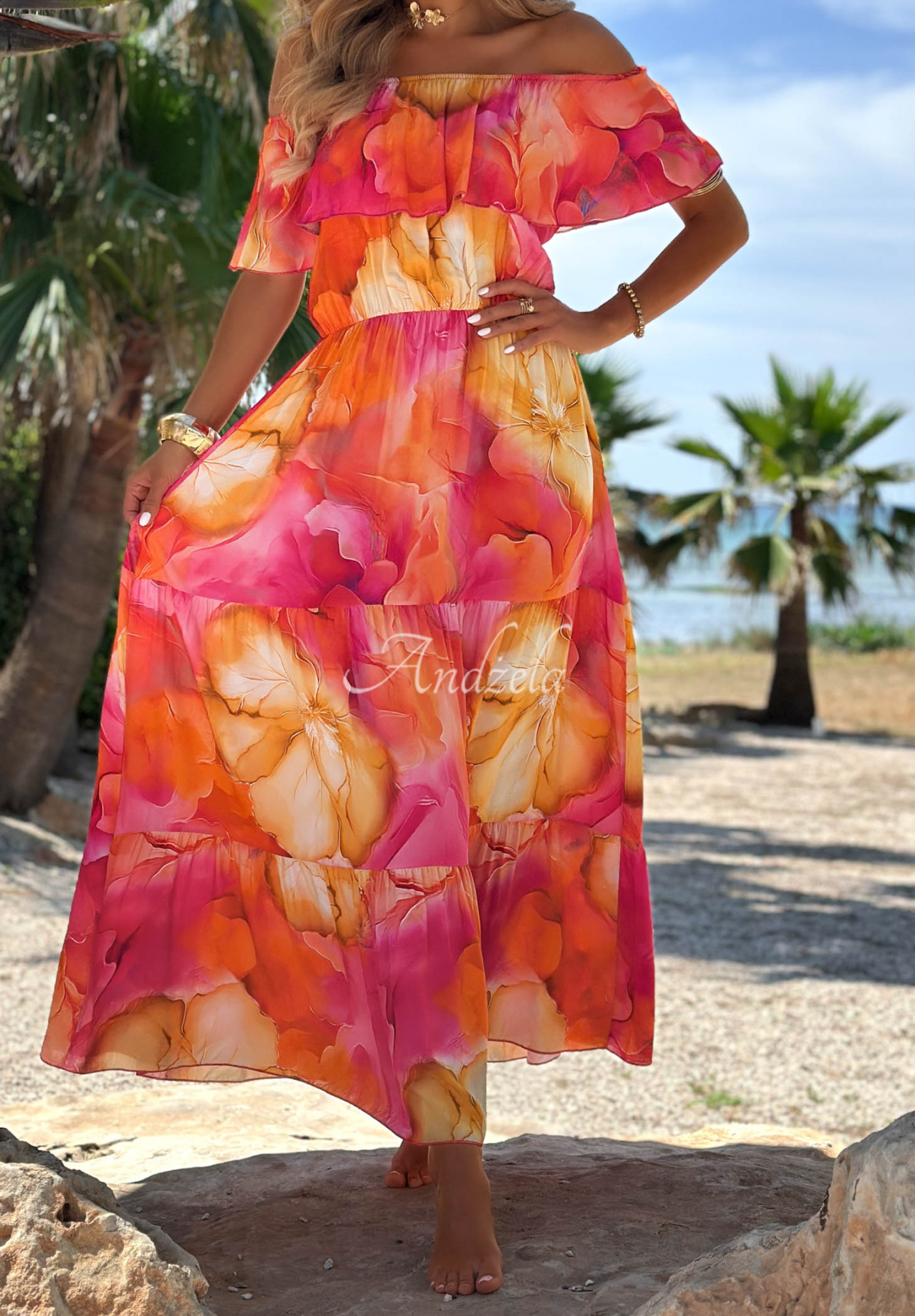 Viskose-Kleid mit Blumenmuster und Rüschen Summer Inspiration Fuchsia