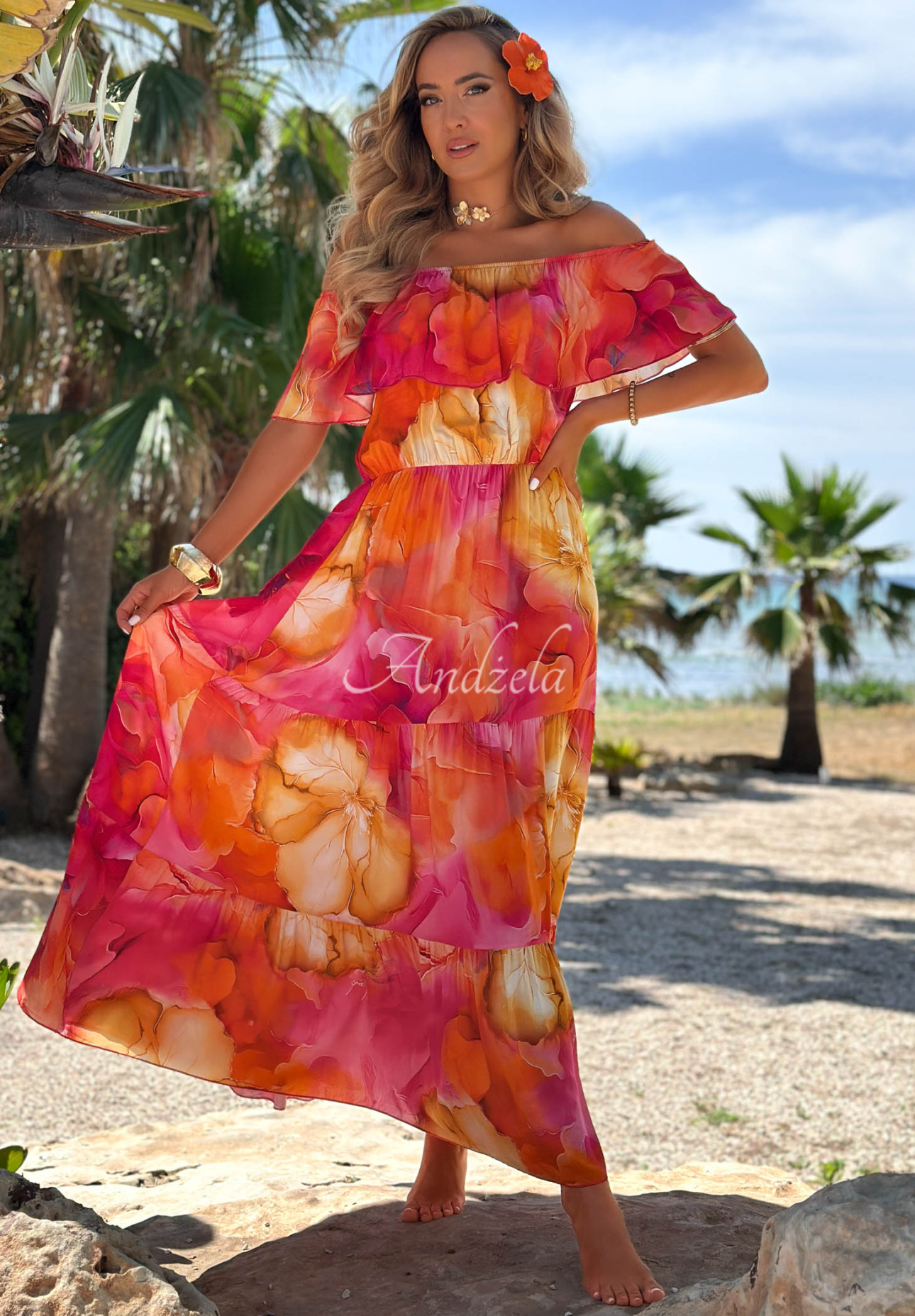 Viskose-Kleid mit Blumenmuster und Rüschen Summer Inspiration Fuchsia