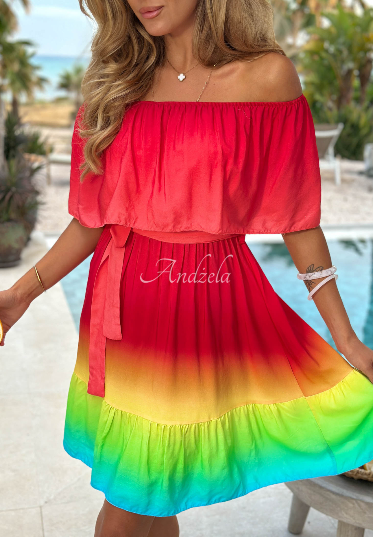 Viskose-Minikleid mit Off-Shoulder-Schnitt ombre Solar Rainbow rot-gelb