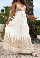 Wzorzysta Kleid maxi na ramiączkach Gold Palms biało-złota