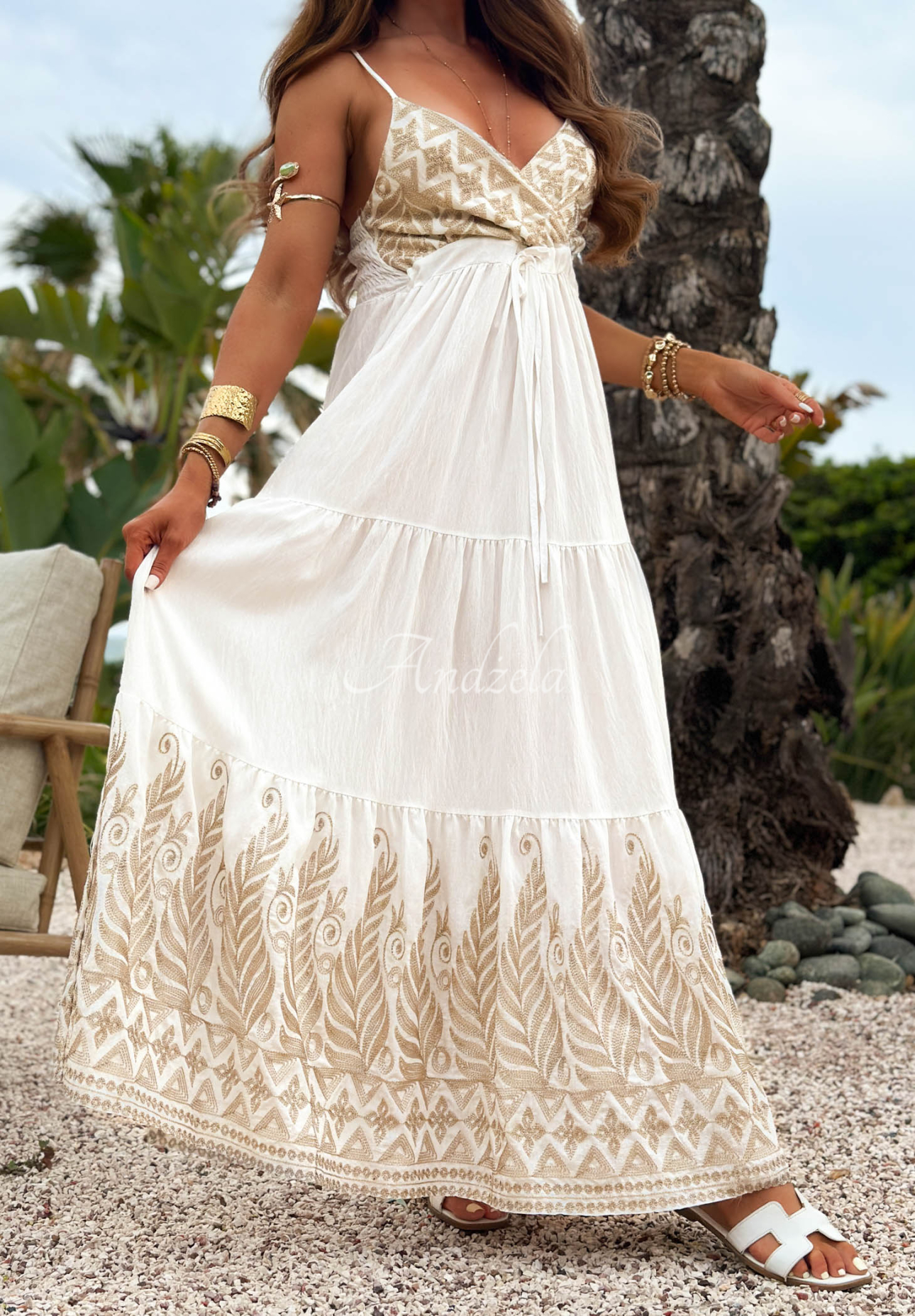 Gemustertes Maxikleid aus Viskose mit Trägern Summer Palms Ecru